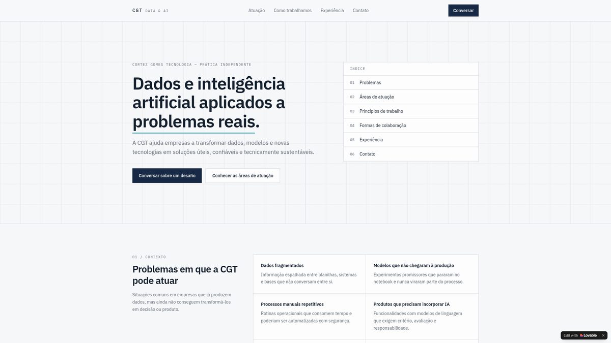 Página inicial da CGT Consulting, com grid técnico e índice de seções numerado