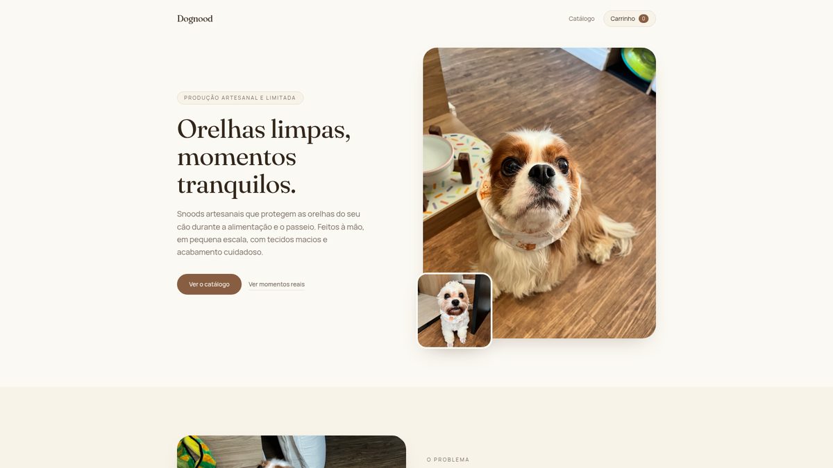 Página inicial do site Dognood, com tipografia serifada e foto de um cão usando snood