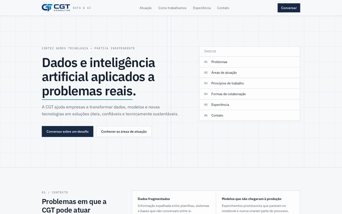 Página inicial da CGT Consulting, com grid técnico e índice de seções numerado