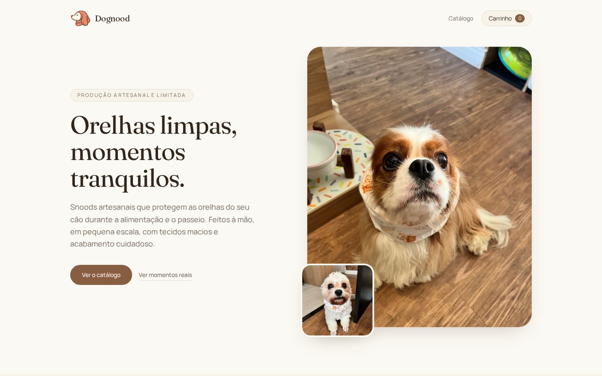 Página inicial do site Dognood, com tipografia serifada e fotos de cães usando snood